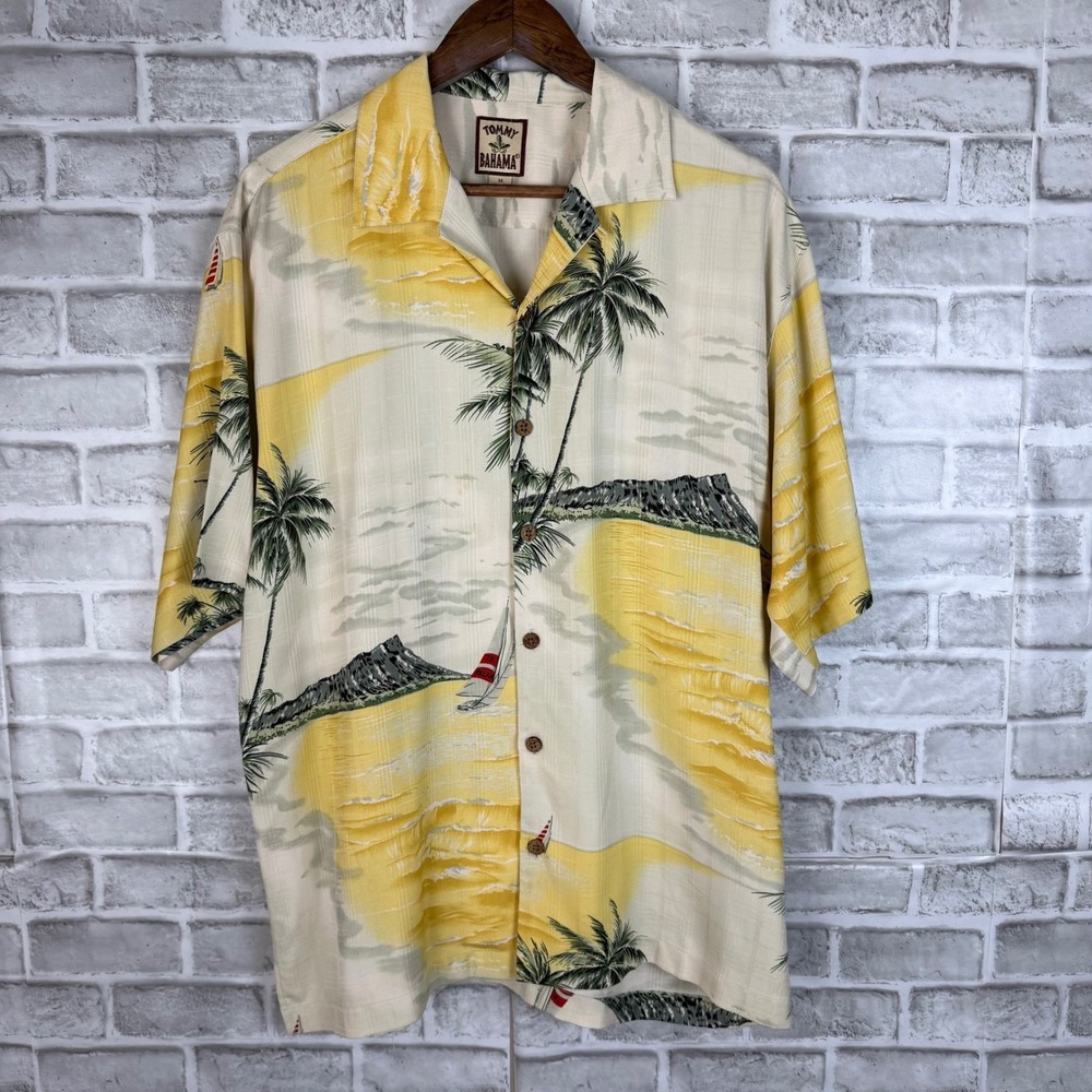 Tommy Bahama Silk Camp Shirt Yellow Tropical Scenic Palm Tree Sailboat MEDIUM
